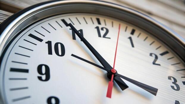 A close-up image of a wall clock showing the time with a red second hand moving. photo