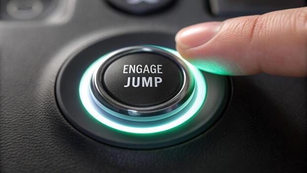 A close-up of a finger pressing an illuminated button labeled ENGAGE JUMP on a modern control panel. photo