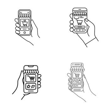 Four Line Drawings of Hands Holding Smartphones Displaying E Commerce Mobile App Interfaces Featuring Shopping Carts Store Awnings and User vector
