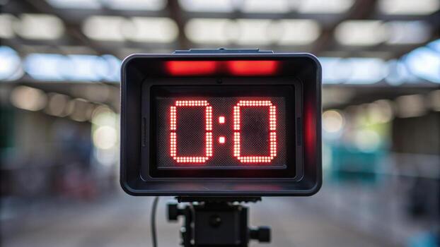 Digital scoreboard displaying a tied score of 0.0 in a blurred indoor sports setting. photo