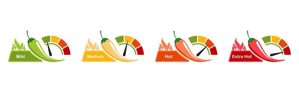 Red pepper heat meter set with hot spicy level indicators for sauce labels or menu stickers includes cayenne chili jalapeno icons and spice symbols in flat style illustration vector