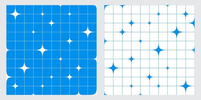 y2k estilo geométrico sin costura modelo con resumen estrellas y lineal cuadrícula mínimo dibujos animados Bauhaus estético diseño para fondos de pantalla antecedentes y creativo huellas dactilares vector