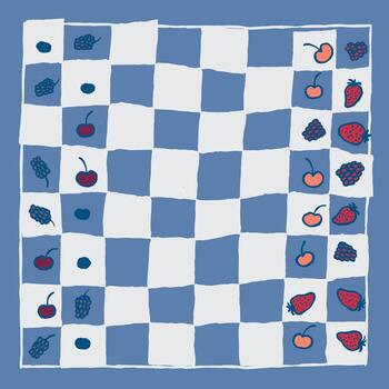 mano dibujado juguetón tablero de ajedrez modelo caracteristicas un irregular azul y blanco tablero de damas adornado con caprichoso ilustraciones de varios bayas, incluso cerezas, fresas, y arándanos vector