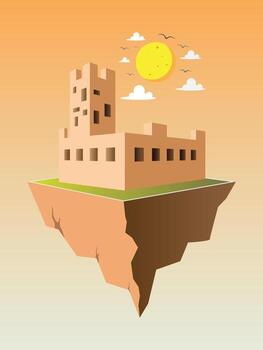 isometric illustration of a castle floating in the air with a daytime view vector