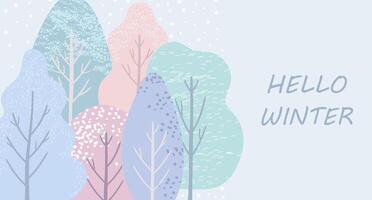 invierno saludo, bandera con espacio para texto en ligero azul antecedentes con resumen arboles en pastel colores. invierno paisaje ilustración para saludo tarjeta diseño. vector