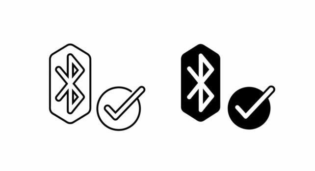 Bluetooth conexión icono conjunto línea Arte y sólido negro versiones con marcas de verificación vector
