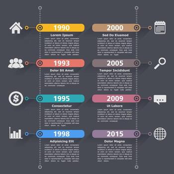 Timeline infographics design template with two vertical lines with 8 elements on dark background vector