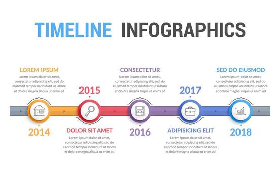 Timeline infographics template with horizontal line with 5 elements for text and icons vector