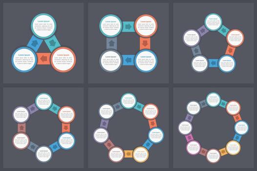 Circle infographic templates with 3, 4, 5, 6, 7 and 8 elements, steps or options, workflow or process diagram vector
