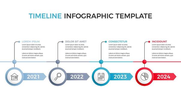 Horizontal timeline infographics template with fours arrow with place for icons, dates and text vector