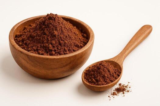 wooden bowl and spoon, both filled with brown powder, are placed on a light monochrome background. It can be cocoa or cinnamon, creating a natural and cozy look for culinary projects. photo