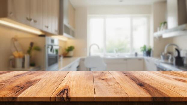 In the foreground is a wooden countertop with a natural texture and warm light, against the background of a blurred kitchen. This composition creates an atmosphere of comfort and style. photo
