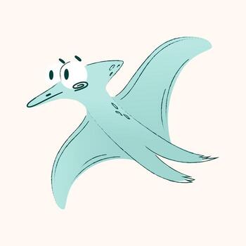 A cartoon pterosaur flying in a light background. The creature has a teal color with a surprised expression and large wings, showcasing a whimsical design. vector