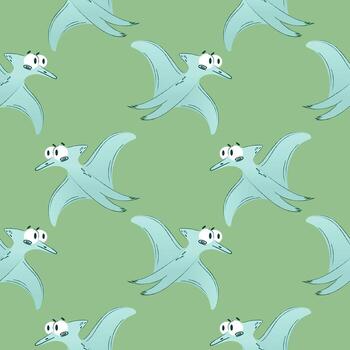 sin costura repitiendo modelo de dibujos animados pteradáctilos con ligero azul cuerpos y grande ojos volador en un suave verde antecedentes. el dinosaurio diseño es juguetón y caprichoso. vector