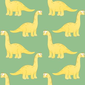 A repeating pattern of cartoon yellow dinosaurs on a green background. The dinosaurs have long necks and tails, with friendly expressions. vector