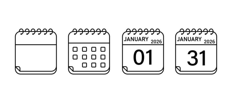 calendario icono colocar. negocio plan cronograma. enero 2026 calendario planificador íconos para aplicación, sitio web, ui recordatorio organizador evento señales. símbolo en blanco antecedentes. vector
