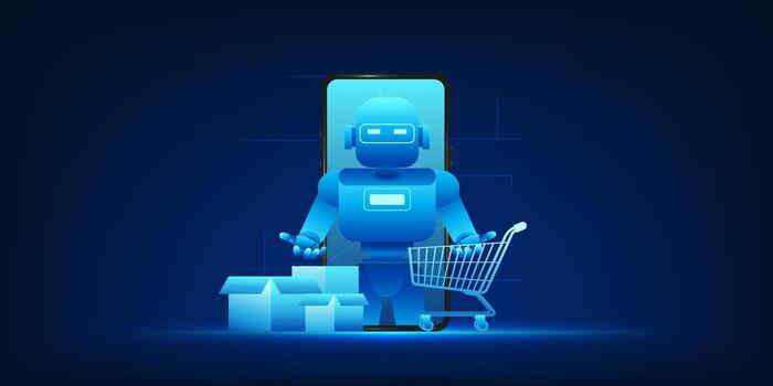 Shopping robot with cart and boxes vector