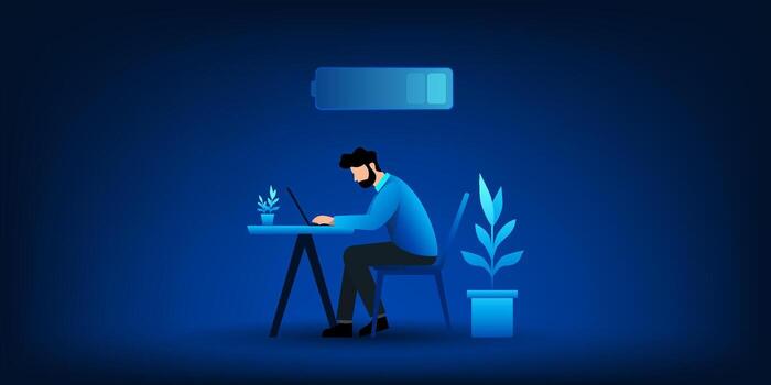 Man working on laptop with battery icon vector