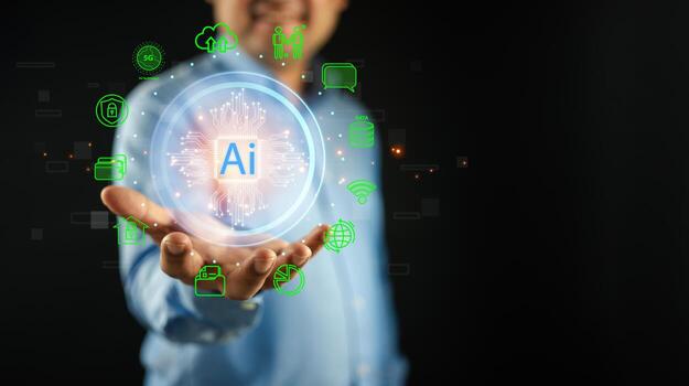 Data analysis. A businessman show AI icon on an application network system. Innovative technology. photo