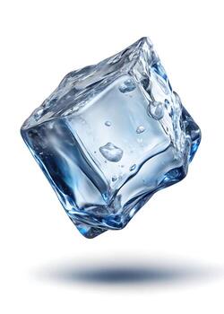 Close-up Shot of a Single Ice Cube with a White Background Showing its Transparency and Reflections photo