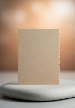 Elegant beige paper card on smooth stone pedestal with gradient background photo