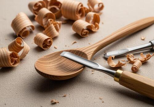 carpintería cuchara elaboración con tallado herramientas y madera virutas en lona antecedentes foto