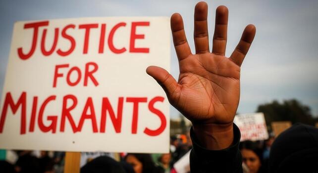 Protest for migrants' justice close-up of raised hand and sign at rally photo