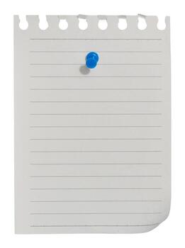 un Rasgado blanco sábana de papel desde un cuaderno es adjunto con un chincheta en un aislado antecedentes foto