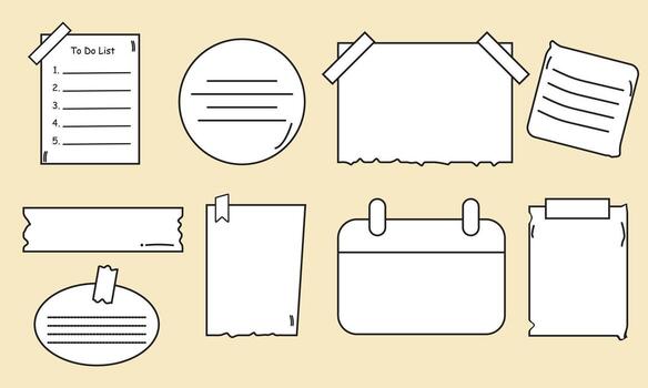 garabatear papel hoja. mano dibujado bosquejo computadora portátil, bala diario hojas, pegajoso Nota y bloc página. bosquejo garabatear hojas ilustración colocar. cuaderno información, recordatorio mensaje bala vector