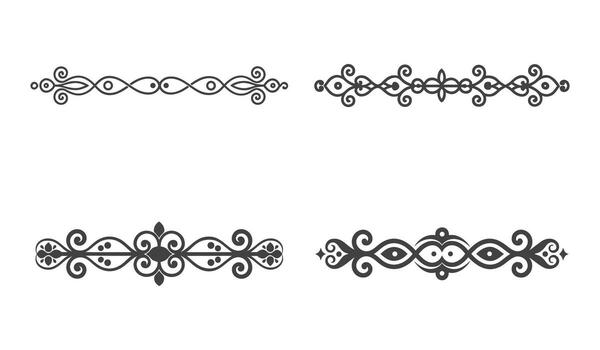 cuatro distinto ornamental divisores son presentado, cada presentando intrincado volutas y simétrico patrones. el silueta estilo proporciona un atrevido, definido apariencia para estos decorativo elementos vector