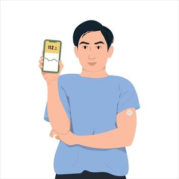 Man Using Continuous Glucose Remote Monitor Diabetes Sensor vector