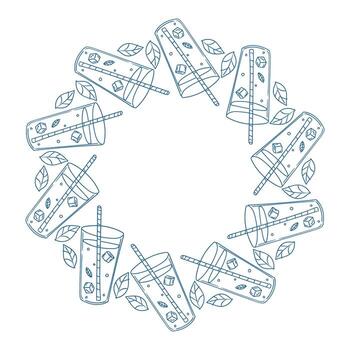 Refreshing beverage design featuring cups, ice cubes, and leaves in a circular arrangement vector