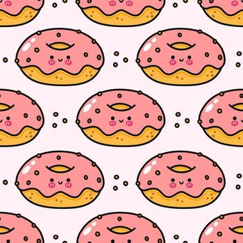 Cute and colorful donut pattern with pink frosting and smiling faces. vector
