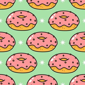 Repeating pattern of pink glazed donuts with sprinkles and star elements. vector