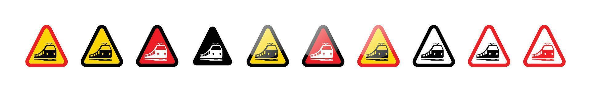 A row of nine triangular warning signs indicating the presence of a tramway vector