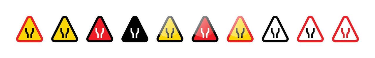 un fila de la carretera señales indicando un estrechamiento la carretera adelante en variado colores vector