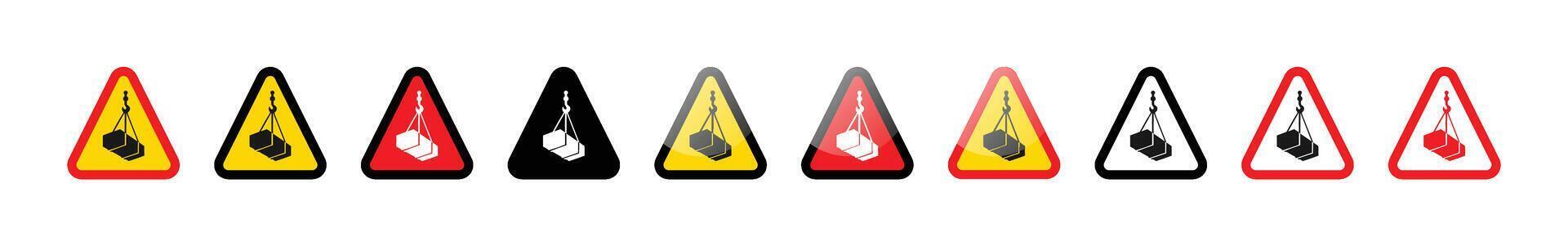 A row of nine triangle warning signs with suspended load symbols in various colors vector