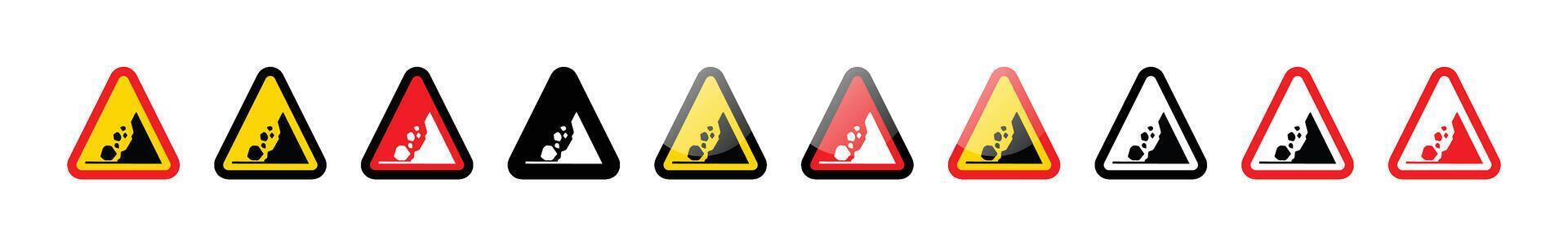 Collection of falling rocks warning signs in various color combinations vector