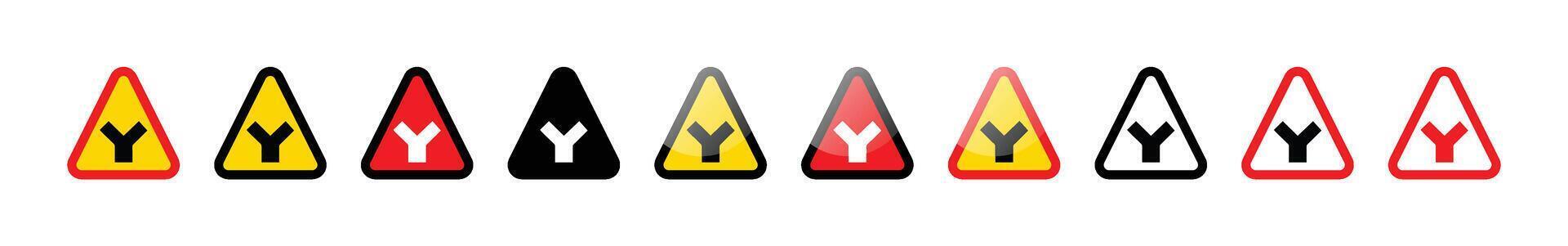 A group of triangular road signs indicating a y junction ahead in various colors vector