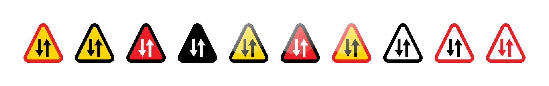 A row of triangular two way traffic road signs with various color schemes vector