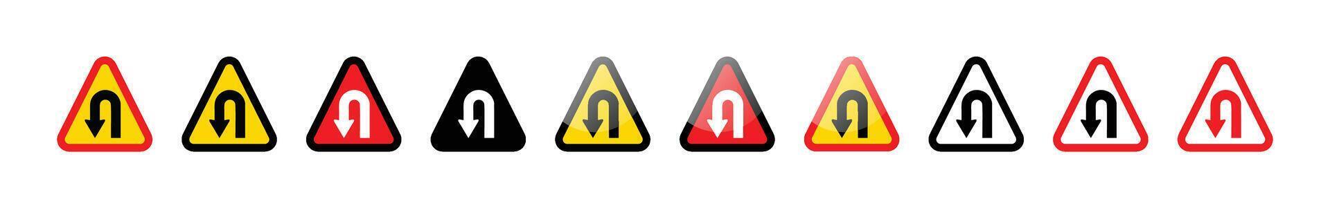 Collection of u turn warning signs in various colors and design on white background vector