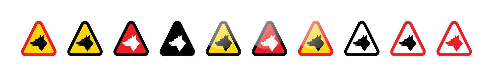 Collection of multiple dog warning signs with various color combinations shown vector