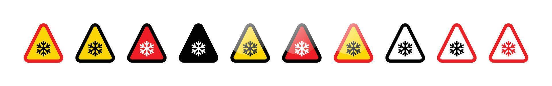 A collection of triangle warning signs with snowflake symbols in various colors vector