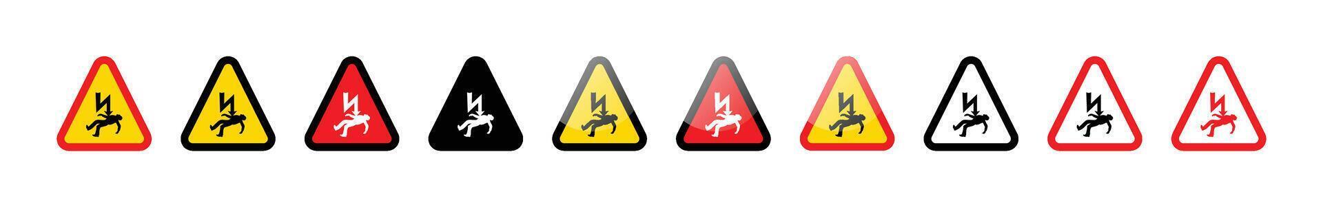 A row of triangular warning signs depicting electrocution hazards in various colors vector