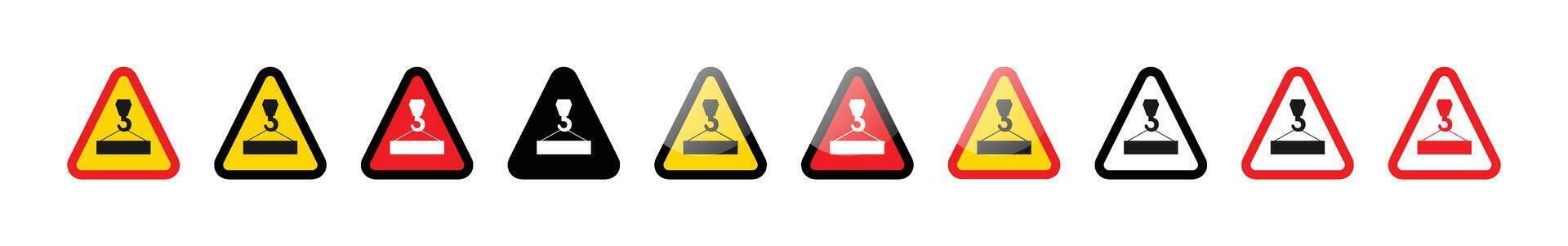 A row of crane load warning signs in various colors and outline styles on white vector