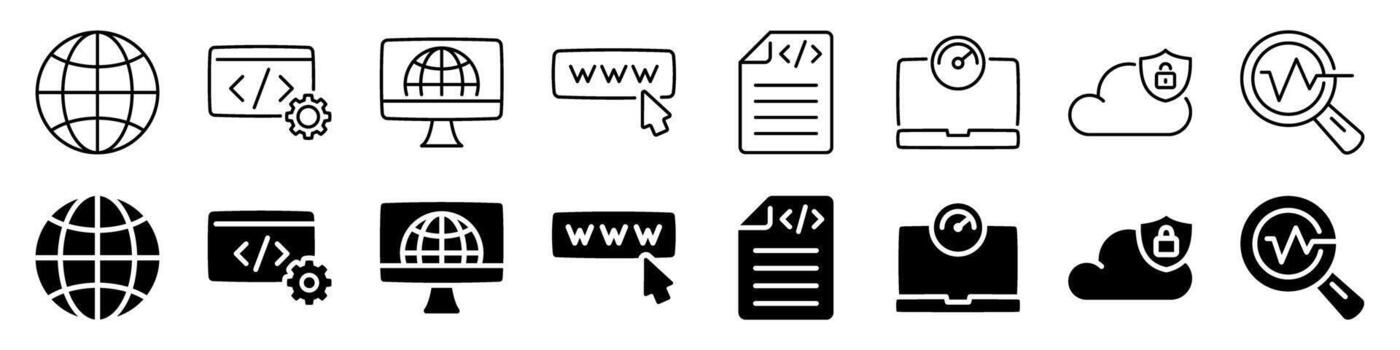 Web development and internet icon set. Linear and silhouette style. vector