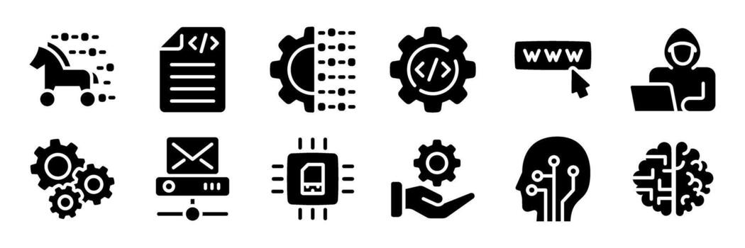 la seguridad cibernética y tecnología desarrollo icono colocar. silueta estilo. vector