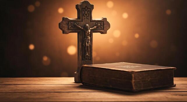 Antique wooden cross and aged bible on wooden table with warm glowing bokeh background photo