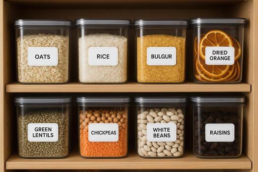 Organized pantry with labeled containers of grains, pulses, and dried fruits for easy access photo
