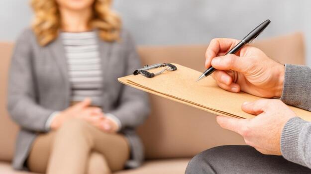 Therapist Taking Notes During Session with Patient on Couch in Modern Office Setting photo